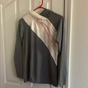 Gray and White Long Sleeve Top Hoodie  with Striped Accent